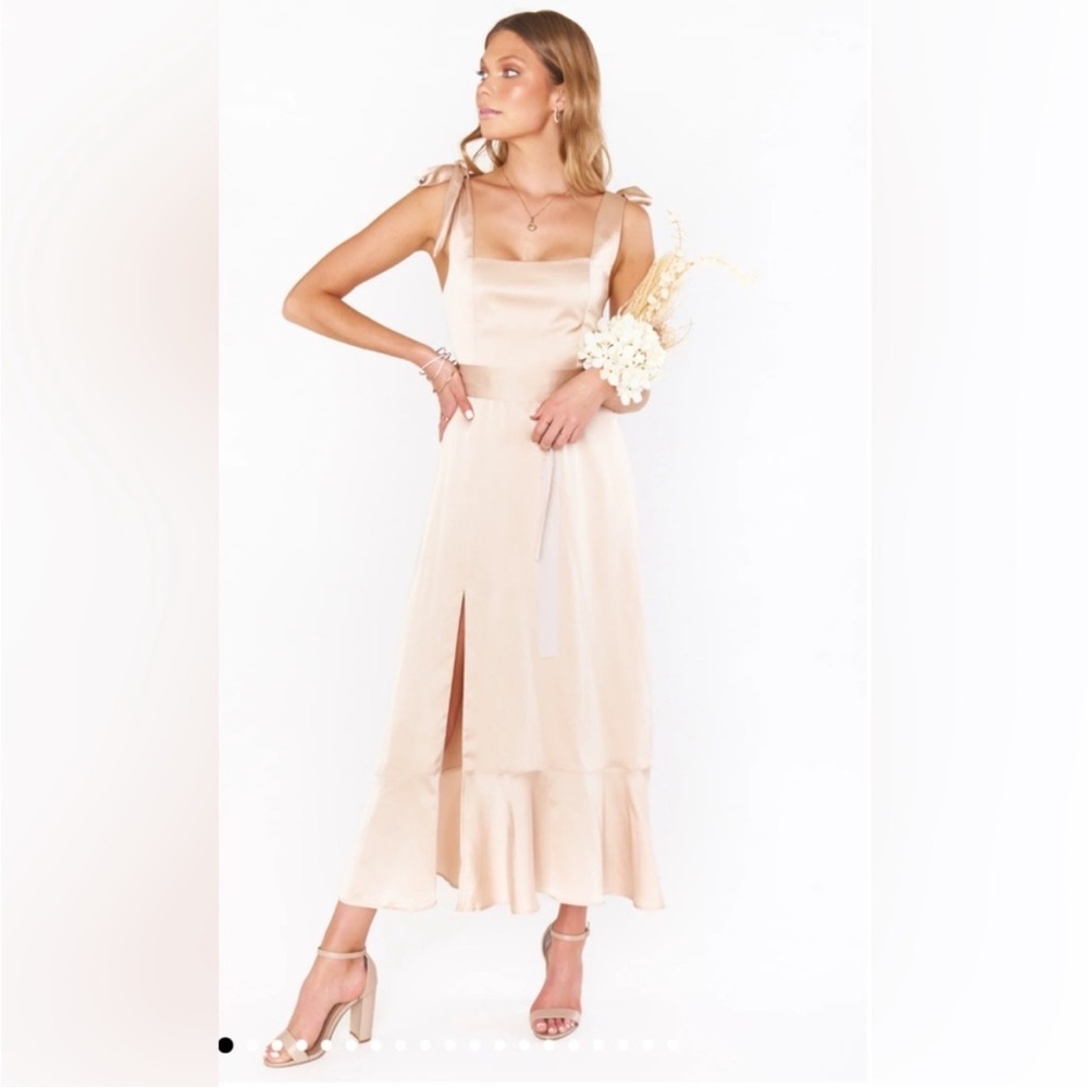 NWT $188 Show Me Your MuMu S Claire Midi Dress Luxe Satin Bows Cinched Side Slit - Picture 5 of 7